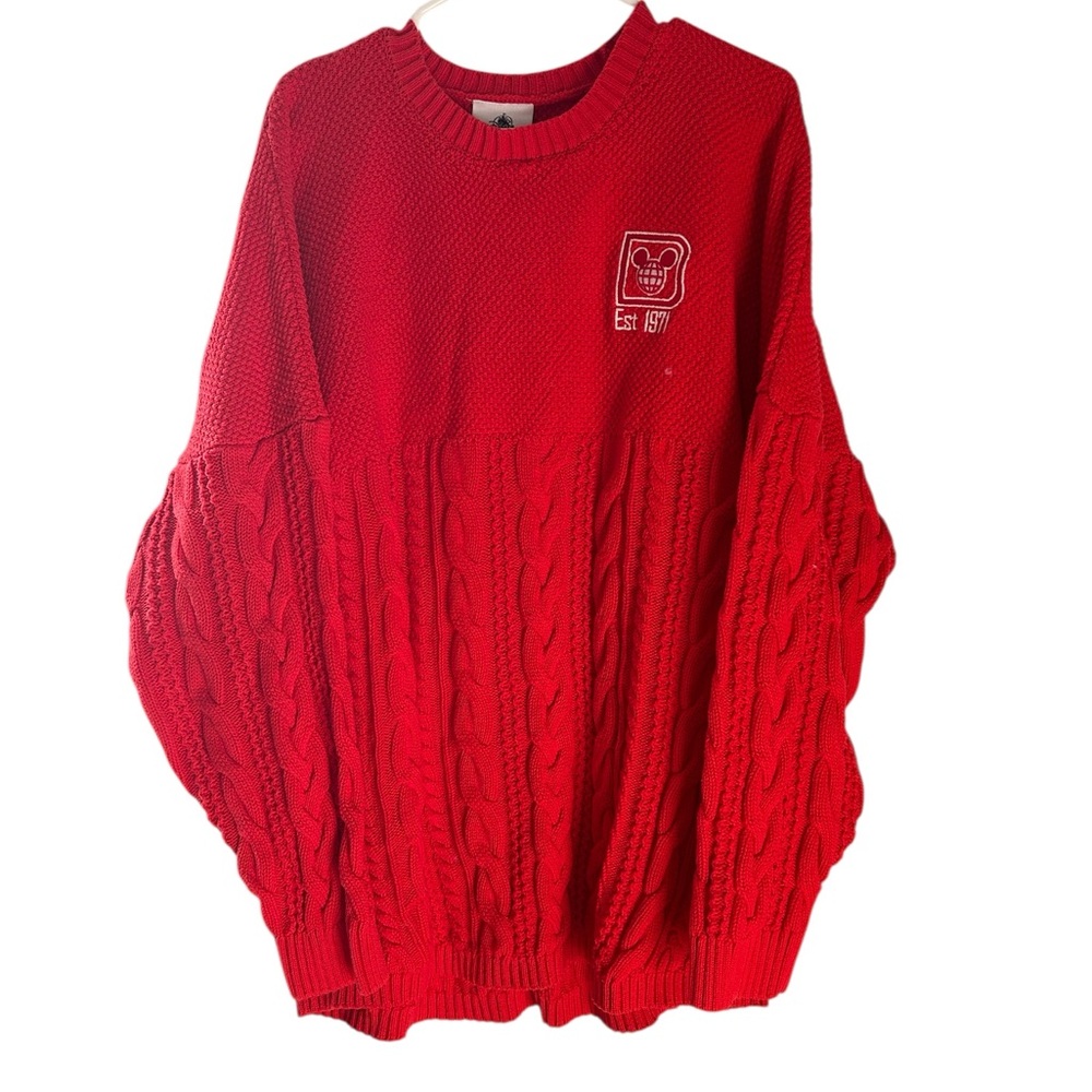 Disney Parks Walt Disney World Red Cable Knit Spirit Jersey Sweater